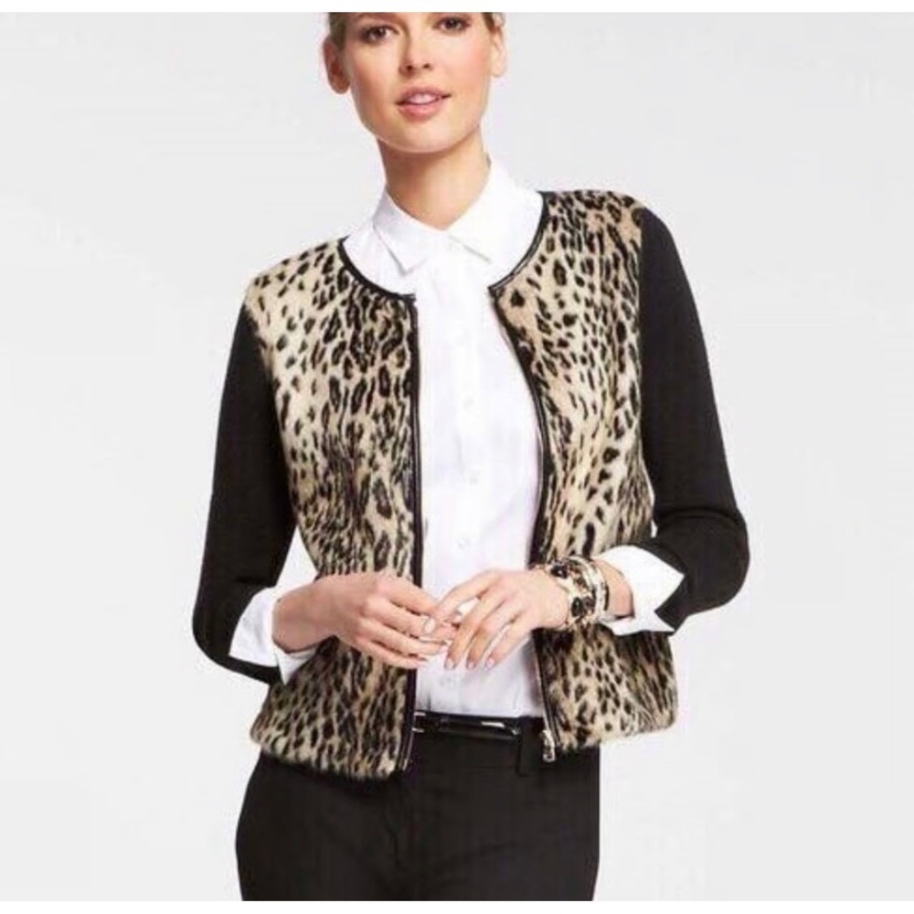 Ann Taylor Leopard Fur Front Black Knit Zip Up Jacket Women's Size Medium